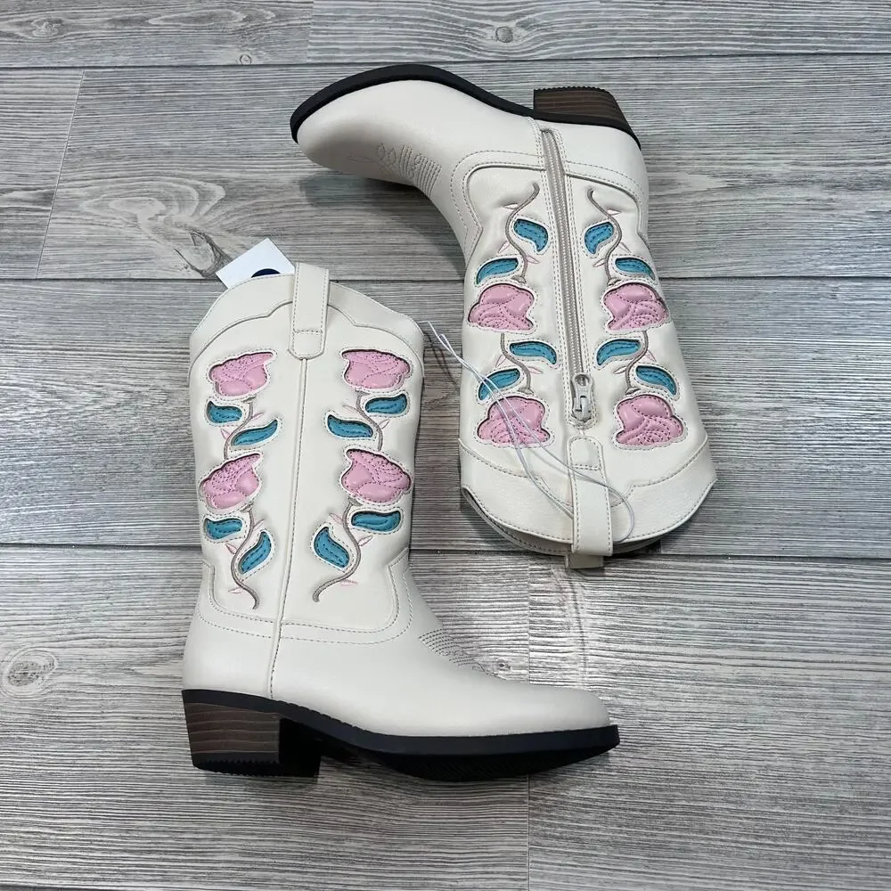 Art Class Kids' Emberly Embroidered Western Boots Ivory 13 NWT